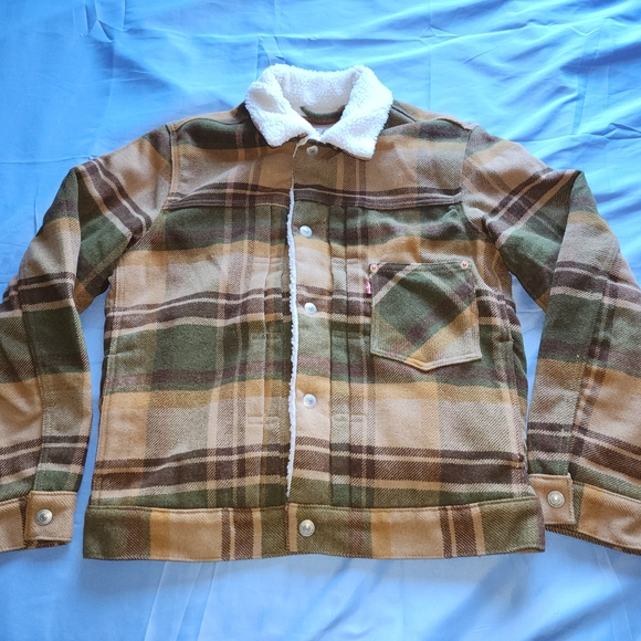 LEVI'S MEN'S PLAID WOOL- BLEND SHERPA-LINED TRUCKET JACKET BROWN/GREEN SZ SMALL - Picture 1 of 13